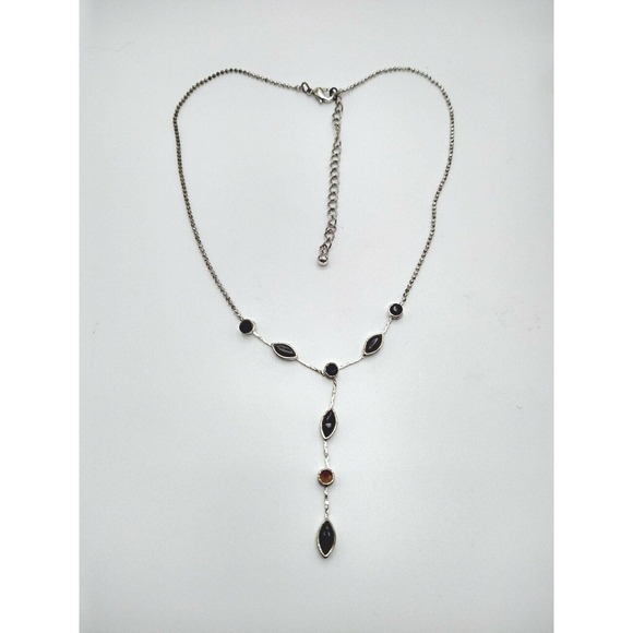 Simple Silver Tone & Black Faceted Oval Teardrop Y-drop Y2K Fashion Necklace - Picture 2 of 7